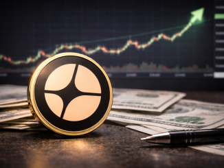 Aster cryptocurrency token placed on dollar banknotes and a desk with a trading chart rising in the background.