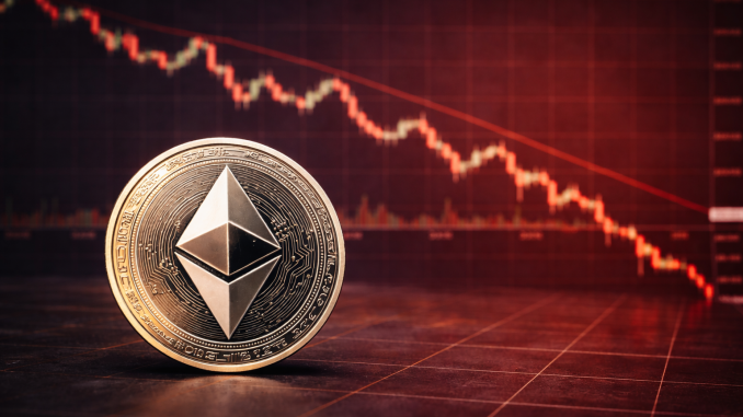 An Ethereum coin placed in front of a red downward cryptocurrency price chart showing a market decline.