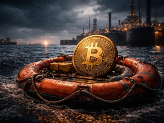 Bitcoin on a lifebuoy in choppy waters near an oil terminal, symbolizing market uncertainty as traders brace for a potential drop toward $50k despite outperforming gold and stocks