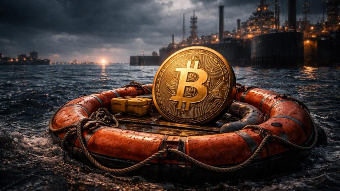 Bitcoin on a lifebuoy in choppy waters near an oil terminal, symbolizing market uncertainty as traders brace for a potential drop toward $50k despite outperforming gold and stocks