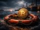 Bitcoin on a lifebuoy in choppy waters near an oil terminal, symbolizing market uncertainty as traders brace for a potential drop toward $50k despite outperforming gold and stocks