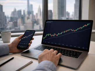 An investor checks rising cryptocurrency charts on a laptop and smartphone with a city skyline visible through the office window.