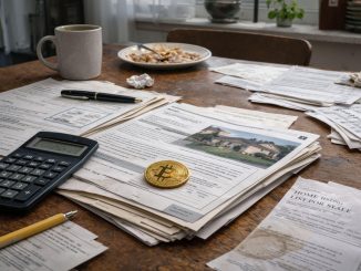 Bitcoin placed on home loan documents and bills illustrates using BTC as collateral to address the US housing crisis