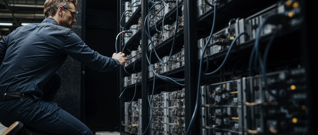 Engineer adjusting Bitcoin mining servers in a data center amid network power struggle over anti-spam proposal and disputed node support