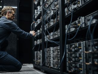 Engineer adjusting Bitcoin mining servers in a data center amid network power struggle over anti-spam proposal and disputed node support