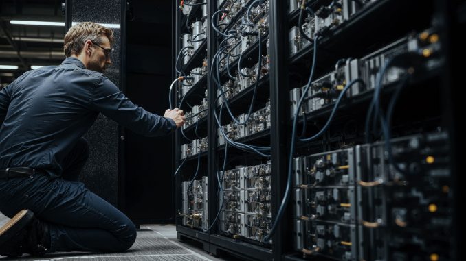Engineer adjusting Bitcoin mining servers in a data center amid network power struggle over anti-spam proposal and disputed node support