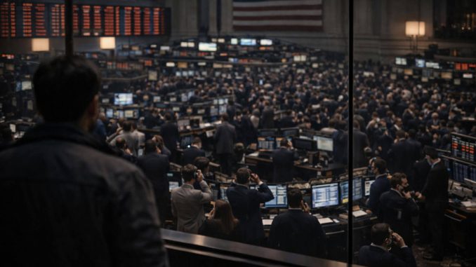 Crowded trading floor viewed from behind a lone observer, symbolizing retail investors facing market imbalance as institutional players dominate outcomes