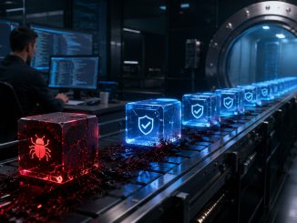 Red bug-filled code block moving through a secure vault pipeline, illustrating how the next DeFi exploit may emerge before smart contract deployment and security review.