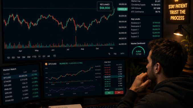 A trader analyzing Bitcoin as it approaches $67k.
