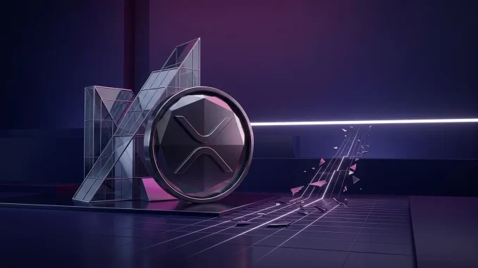 Abstract XRP market analysis with a digital exchange tower and price threshold visual