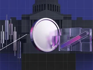 XRP-inspired coin beside abstract market levels and a Senate vote indicator in a purple-magenta crypto news scene